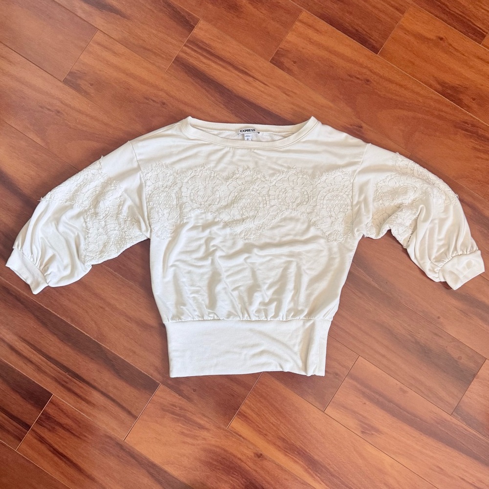 Express White-Cream Lace-Trim 3/4 Sleeve Top - Picture 4 of 7